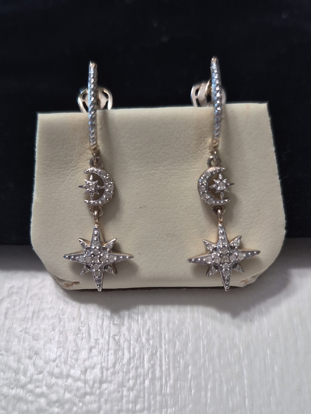 Diamond Star And Moon 18kt Gold Over Sterling Silver  Drop Earrings